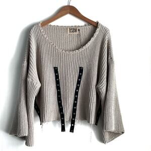 BSBW sweater distressed and frayed style with black stripe detail beige sz M